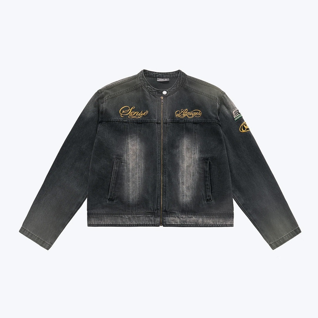 SENSE Embroidered Moto Denim Jacket