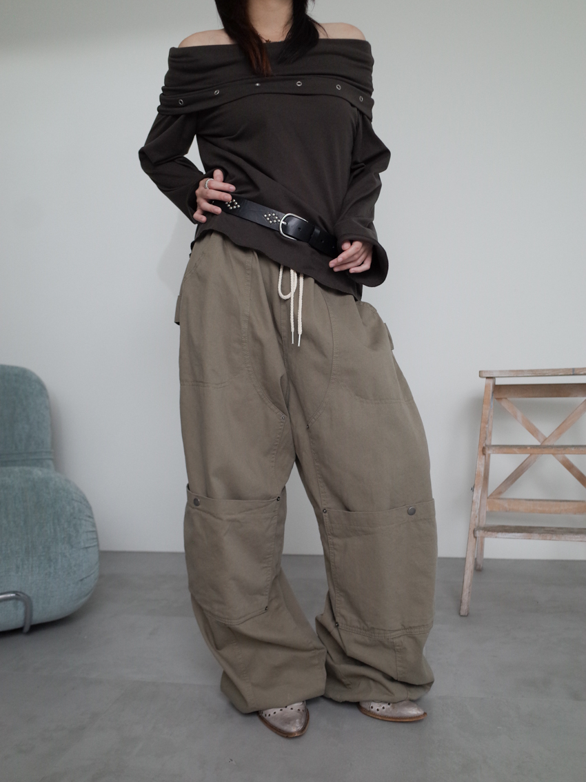 (UNISEX) utility cinch cargo trousers in DRAB GREEN