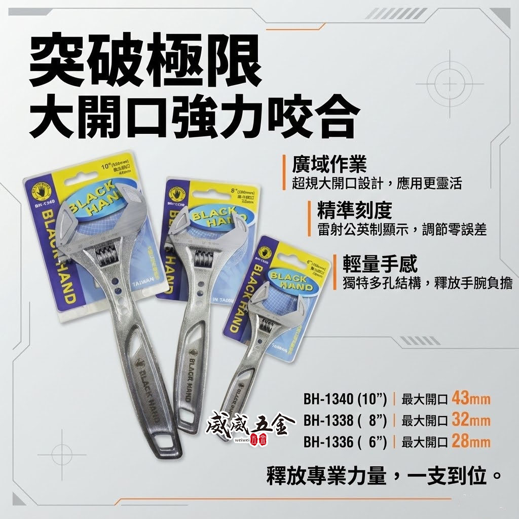 黑手牌｜6" 8" 10" 輕量大開口活動板手 鷹爪型活動扳手 ｜BH-1336 1338 1340｜台灣製