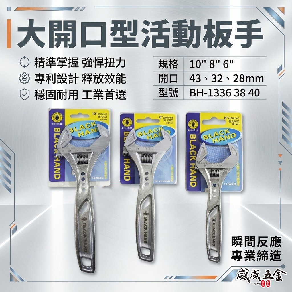黑手牌｜6" 8" 10" 輕量大開口活動板手 鷹爪型活動扳手 ｜BH-1336 1338 1340｜台灣製