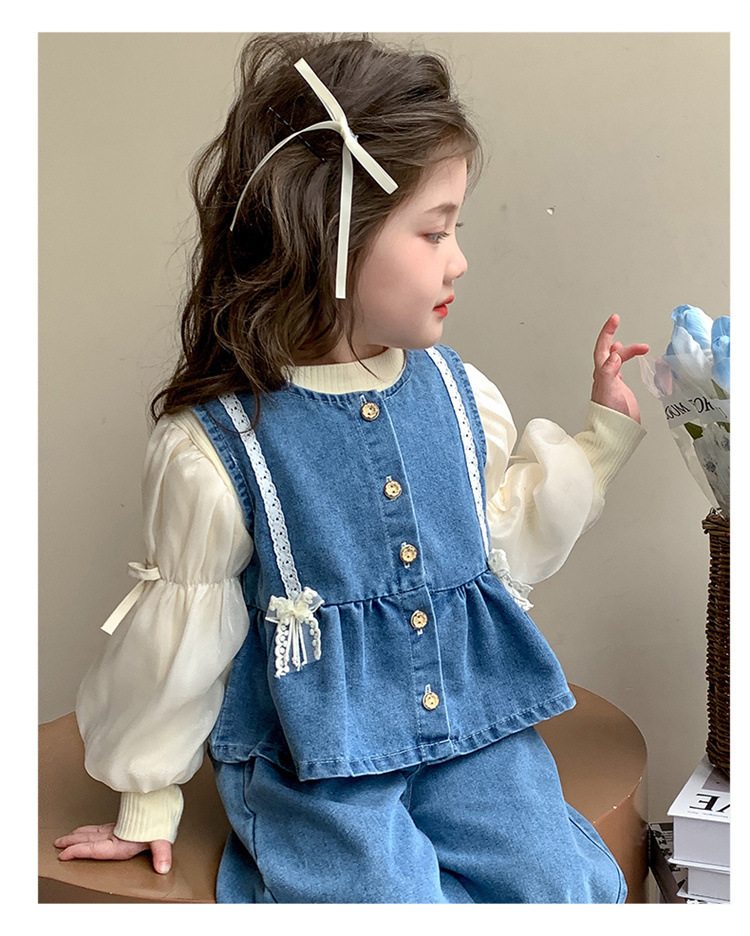 【三件組】花邊蝴蝶結牛仔背心+上衣+長褲 90-140cm