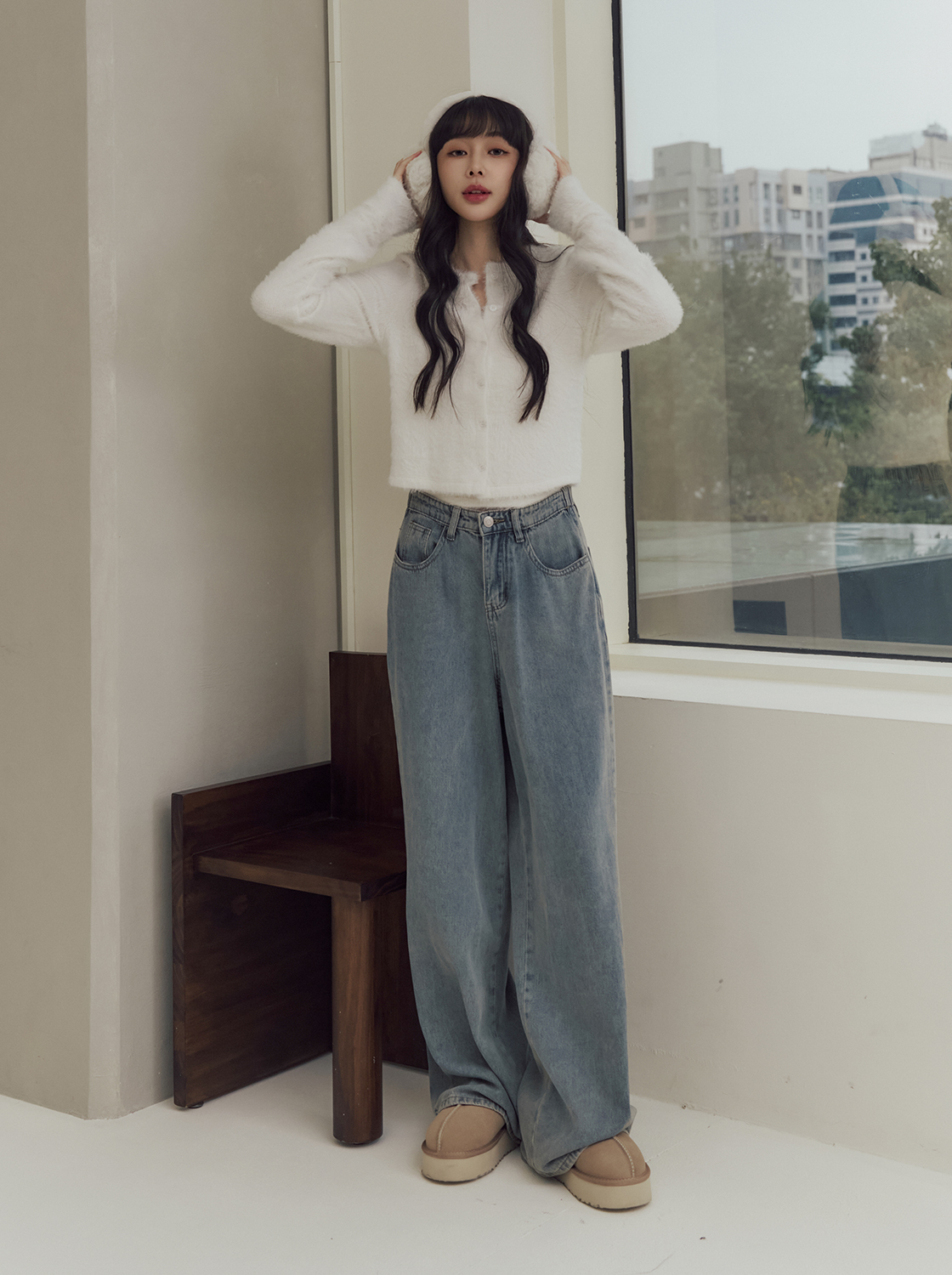 後腰鬆緊直筒牛仔褲