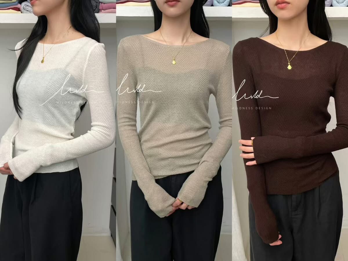 韓-253003 細密斜紋羊毛感貼身針織上衣