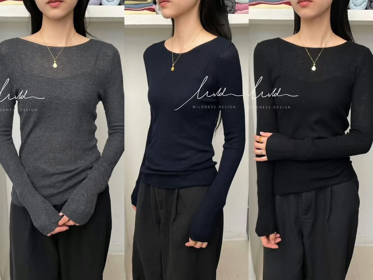 韓-253003 細密斜紋羊毛感貼身針織上衣