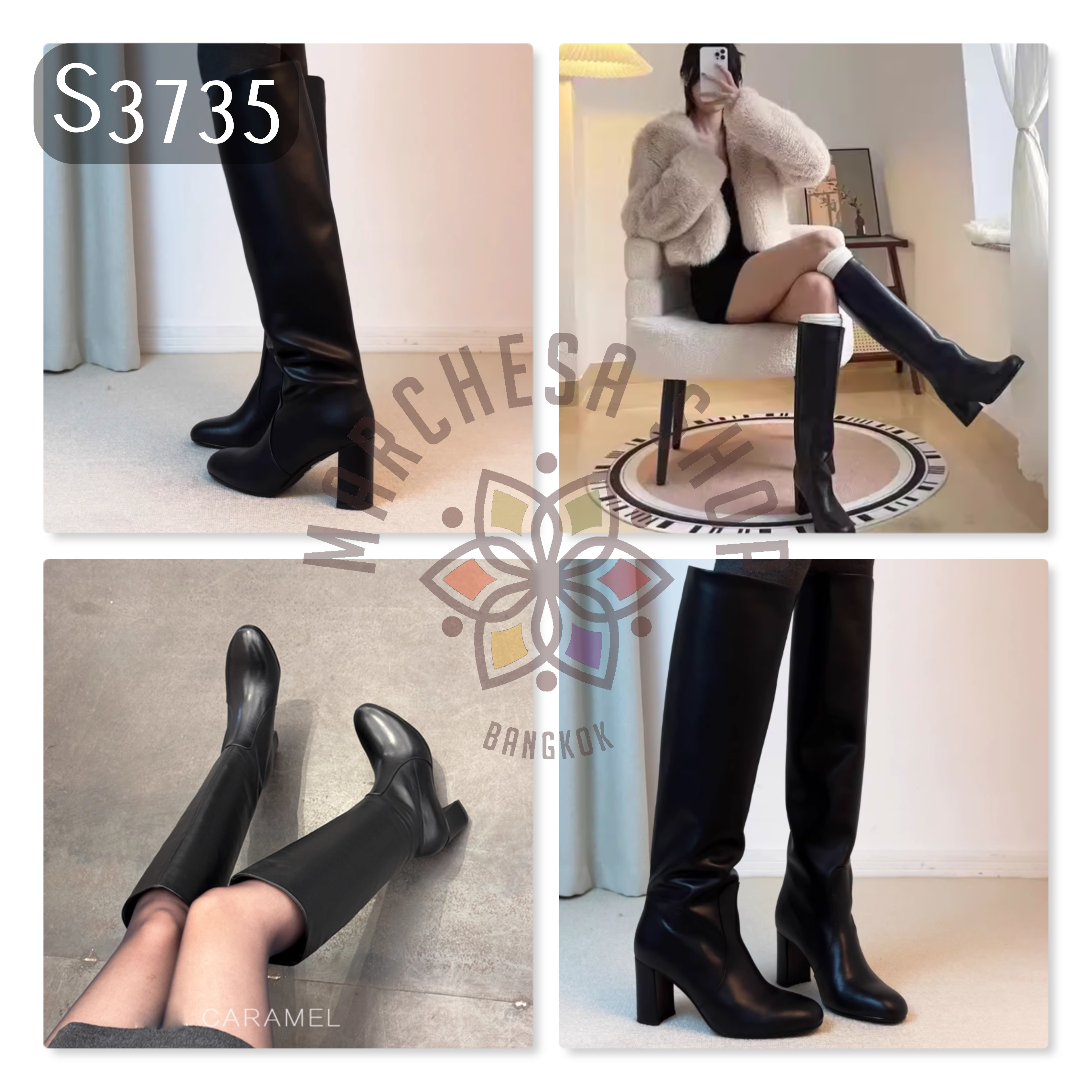 S3735 - 頭層羊皮簡約修長圓頭長靴