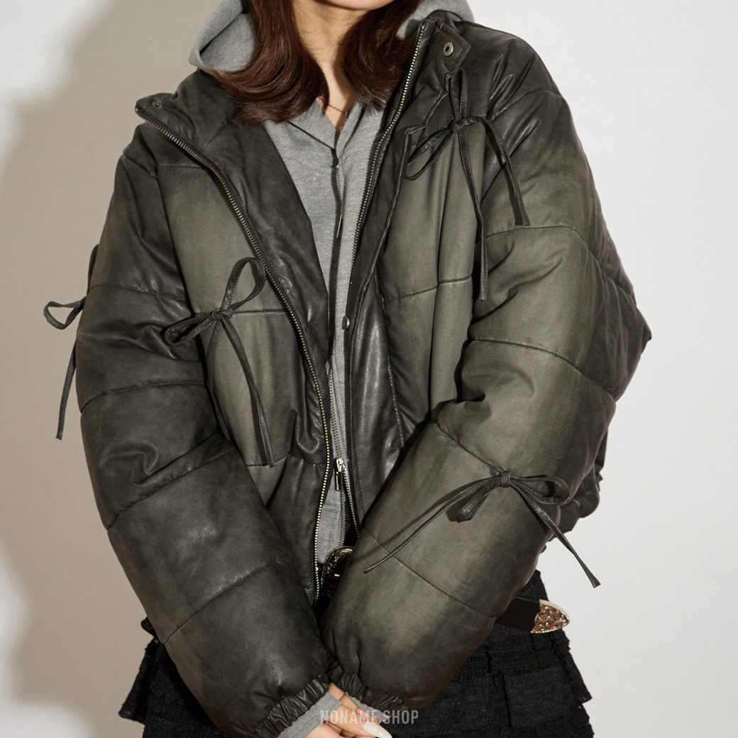 Apres jour mignon 日本限定 復古 蝴蝶結 綁帶 霧感 保暖 皮革外套 三色 (女款)