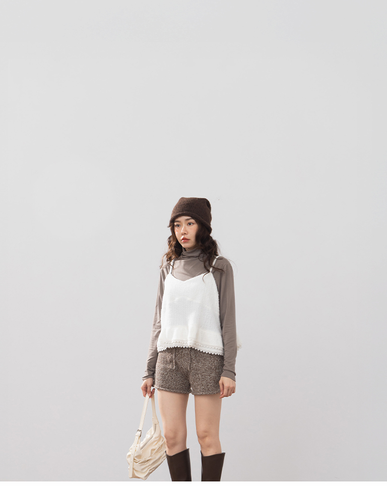 LLace hem plush design thin-shouldered cover-up vest - off-white【01099423】in stock+pre-order