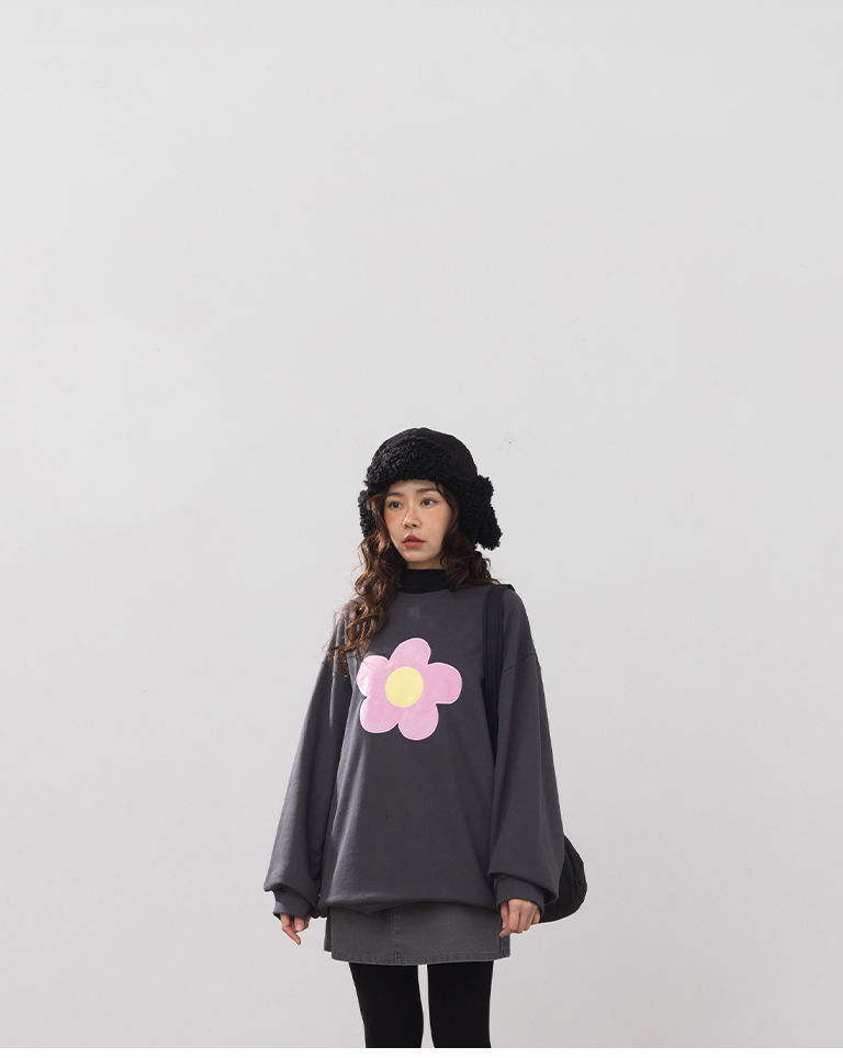 3D brushed floral long-sleeved sweatshirt - dark gray【01099427】in stock+pre-order