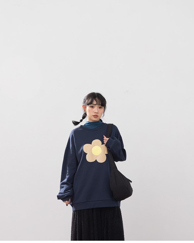 3D brushed floral long-sleeved sweatshirt - dark blue【01099428】in stock+pre-order