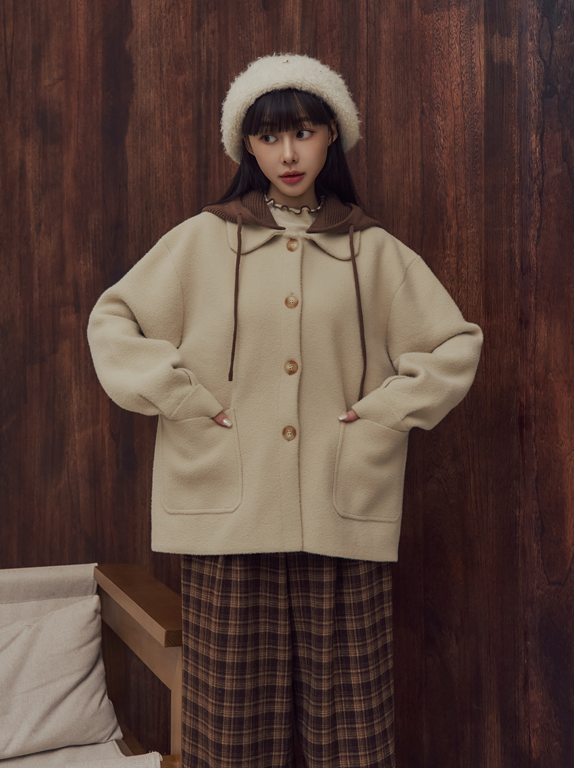 撞色可拆帽毛織外套