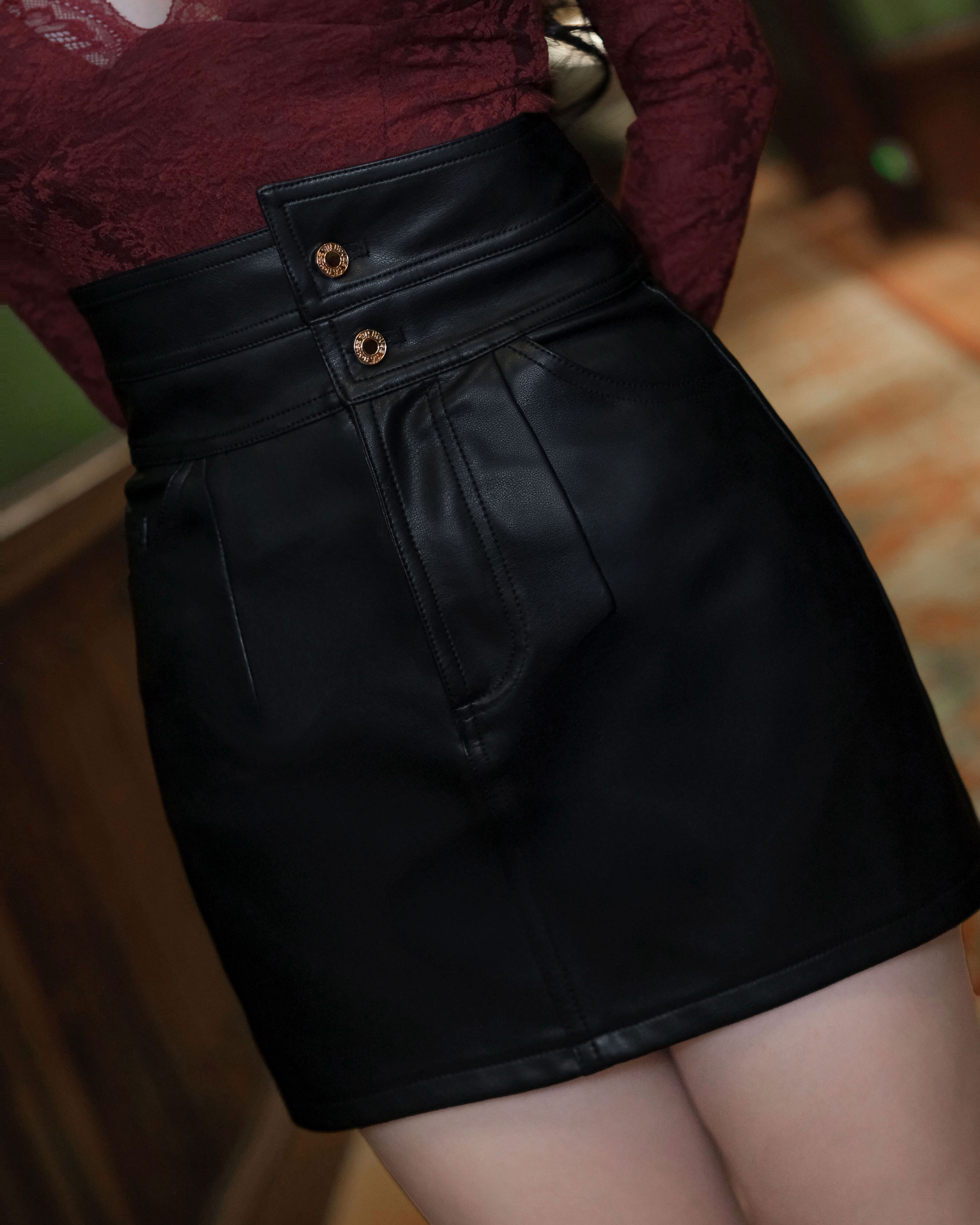 訂製-個性皮革不對稱高腰合身裙