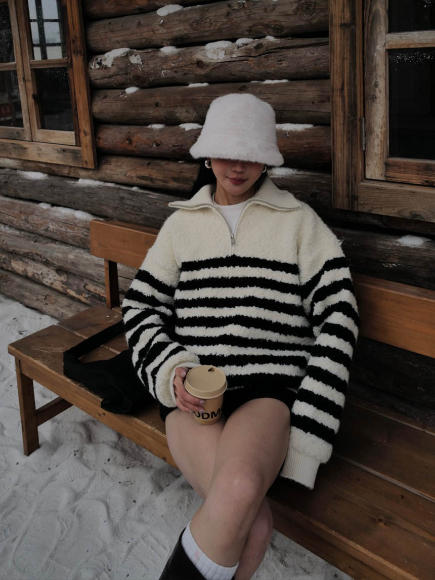 厚棉羊毛半拉鍊條紋上衣*2色