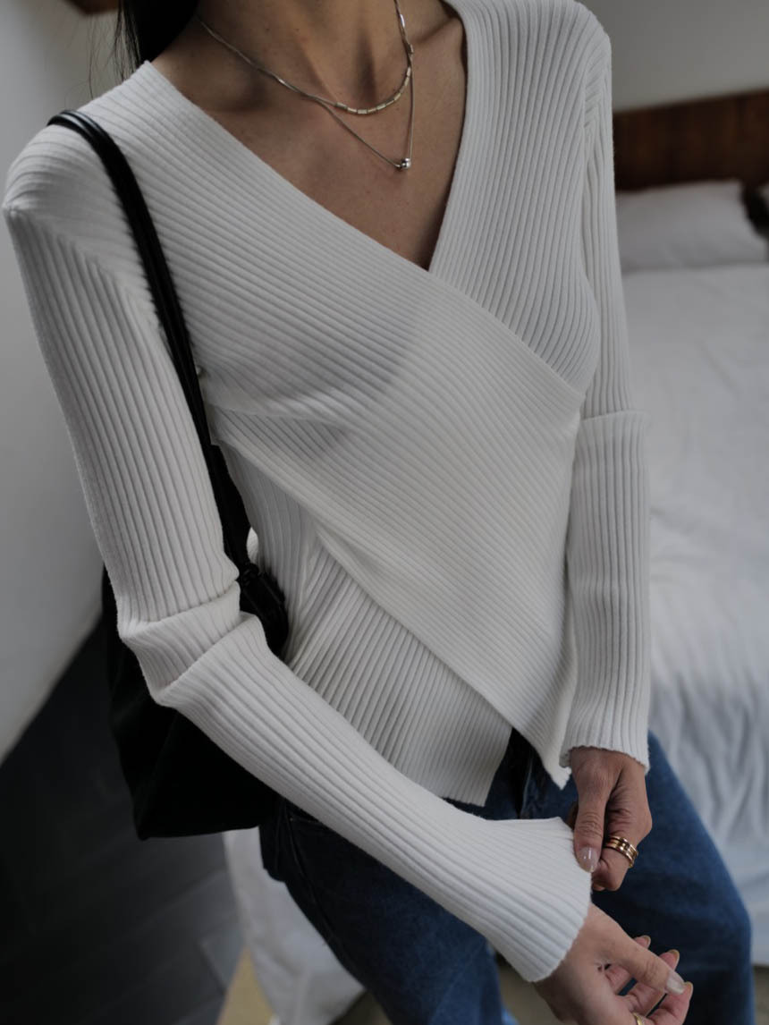 交叉V領下擺不規則毛衣*5色