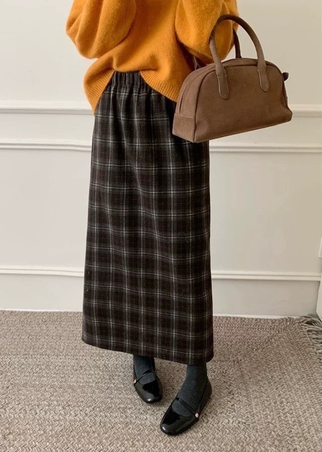 鬆緊腰漸層感刷絨格紋長裙