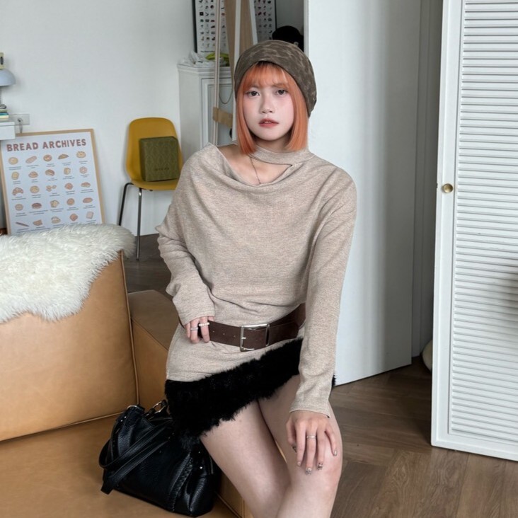 南岸溫柔鄉 微盪領針織上衣(附皮帶)