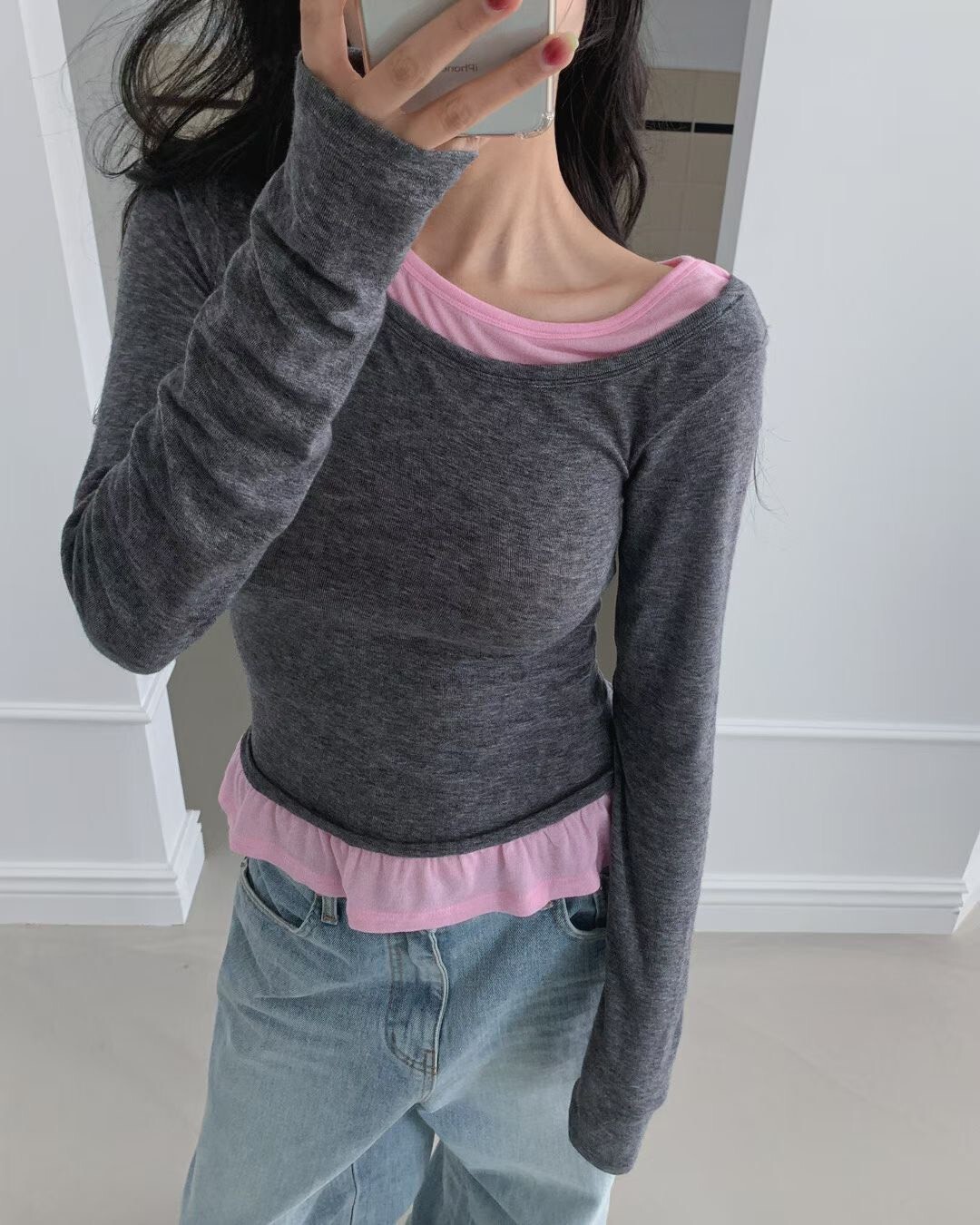 #AD83假兩件撞色疊搭上衣(黑/墨)