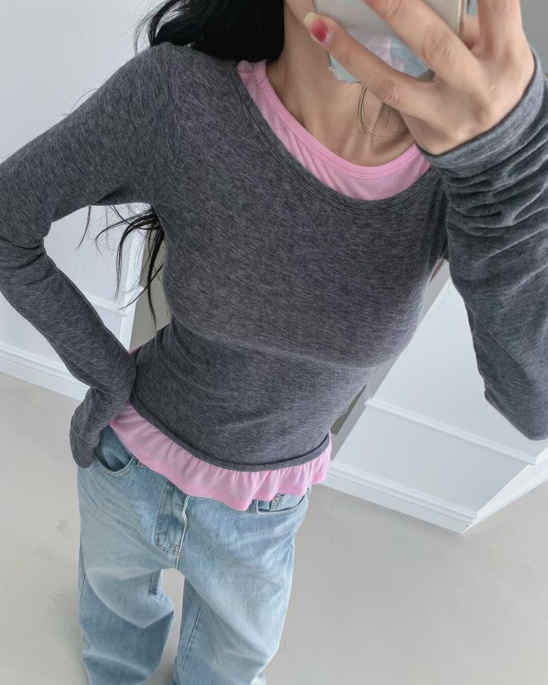 #AD83假兩件撞色疊搭上衣(黑/墨)