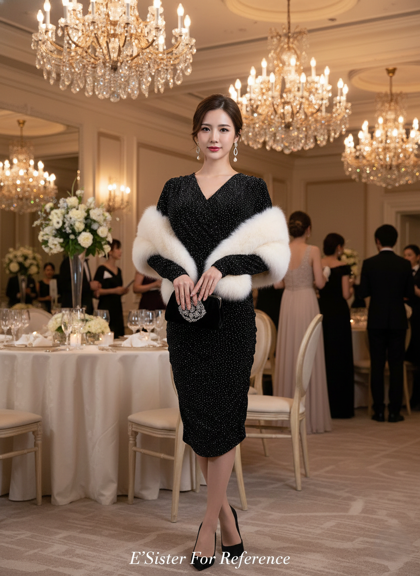 夜幕閃耀 V 領收腰長袖迷你洋裝 C2