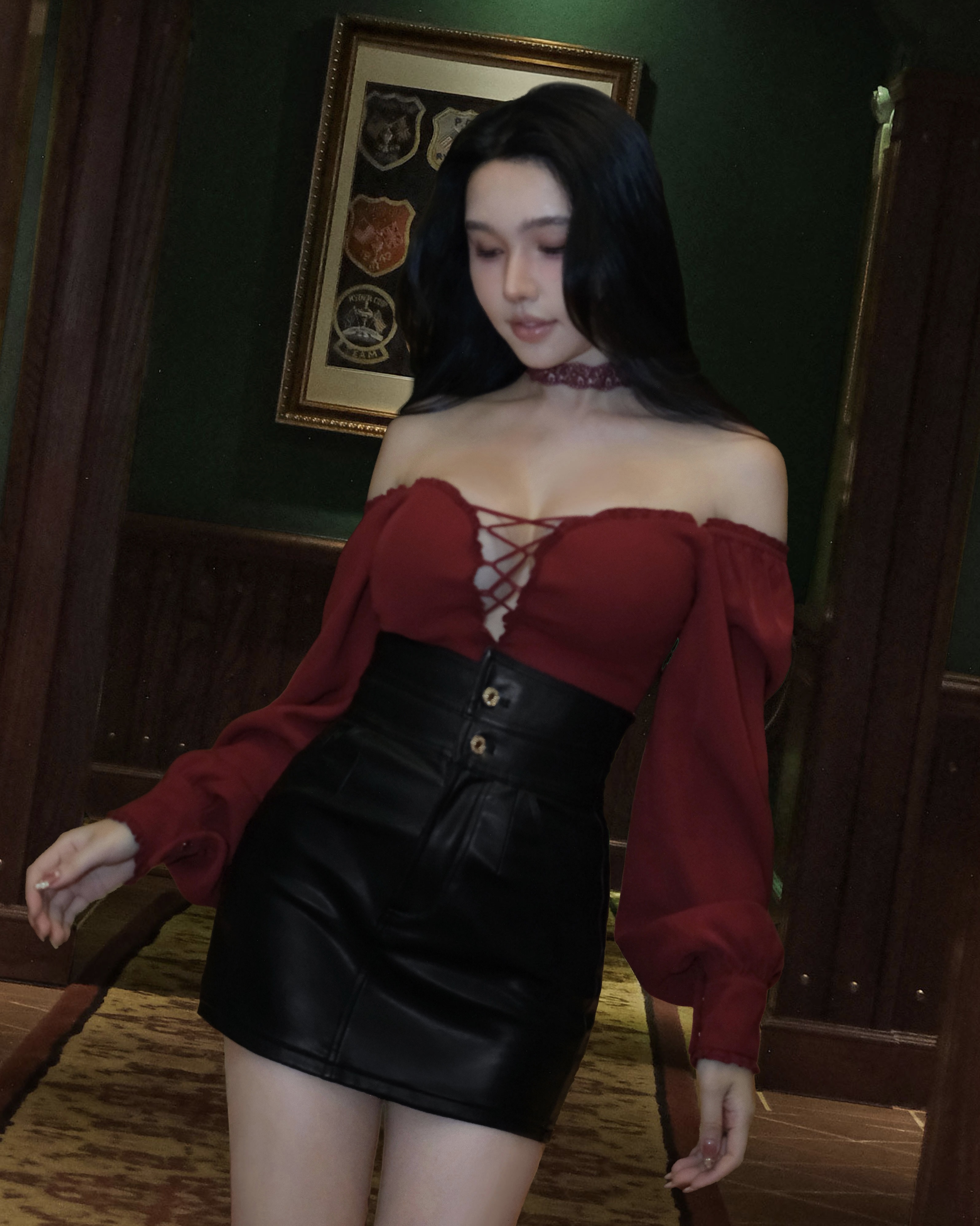 紅色限定-性感穿繩交叉低胸泡泡袖上衣