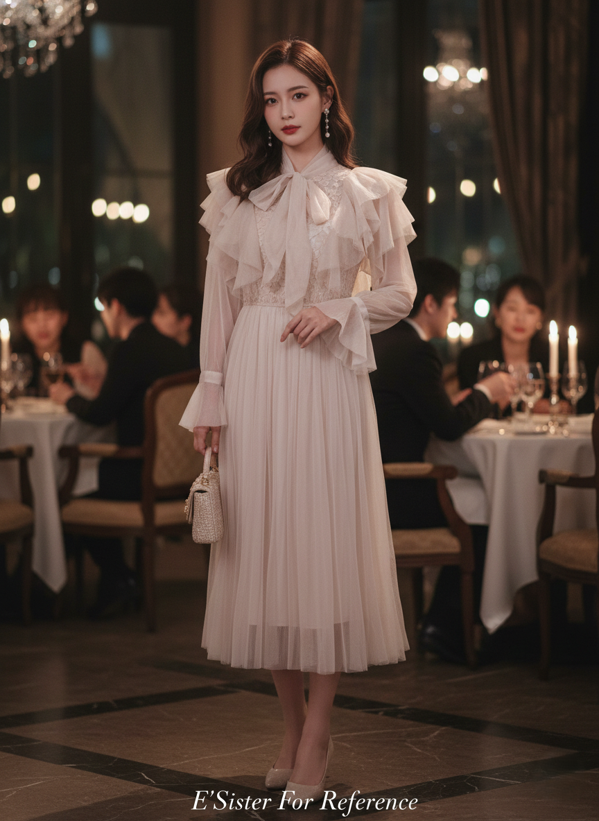 浪漫多層荷葉邊綁帶網紗長禮服 C3