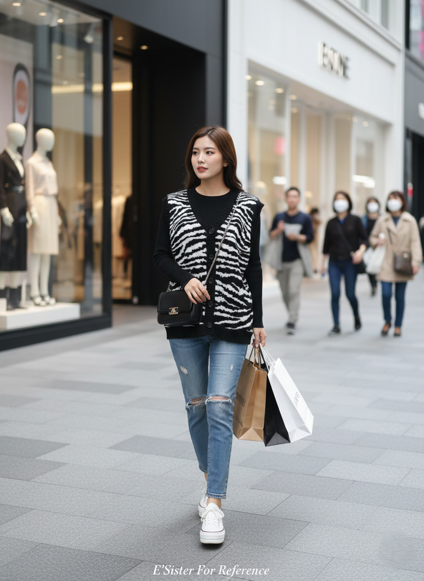 野性潮流斑馬紋 V 領鈕釦針織背心 C4