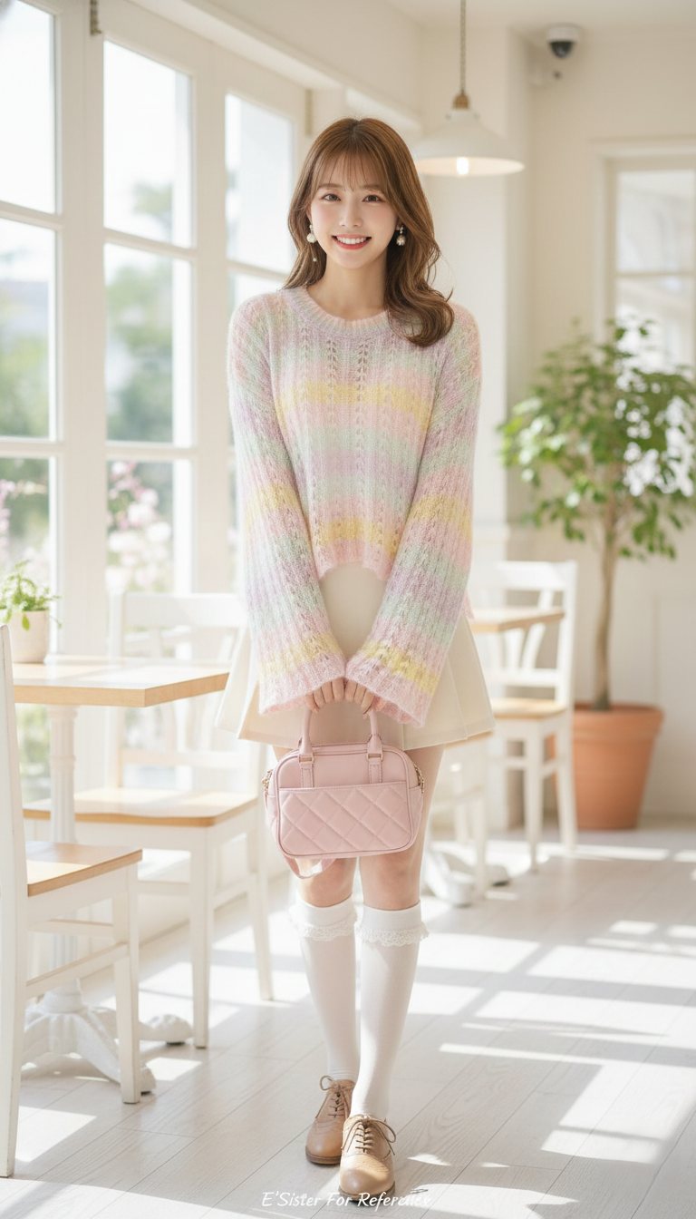 夢幻馬卡龍色條紋鏤空毛海短版針織衫 C9