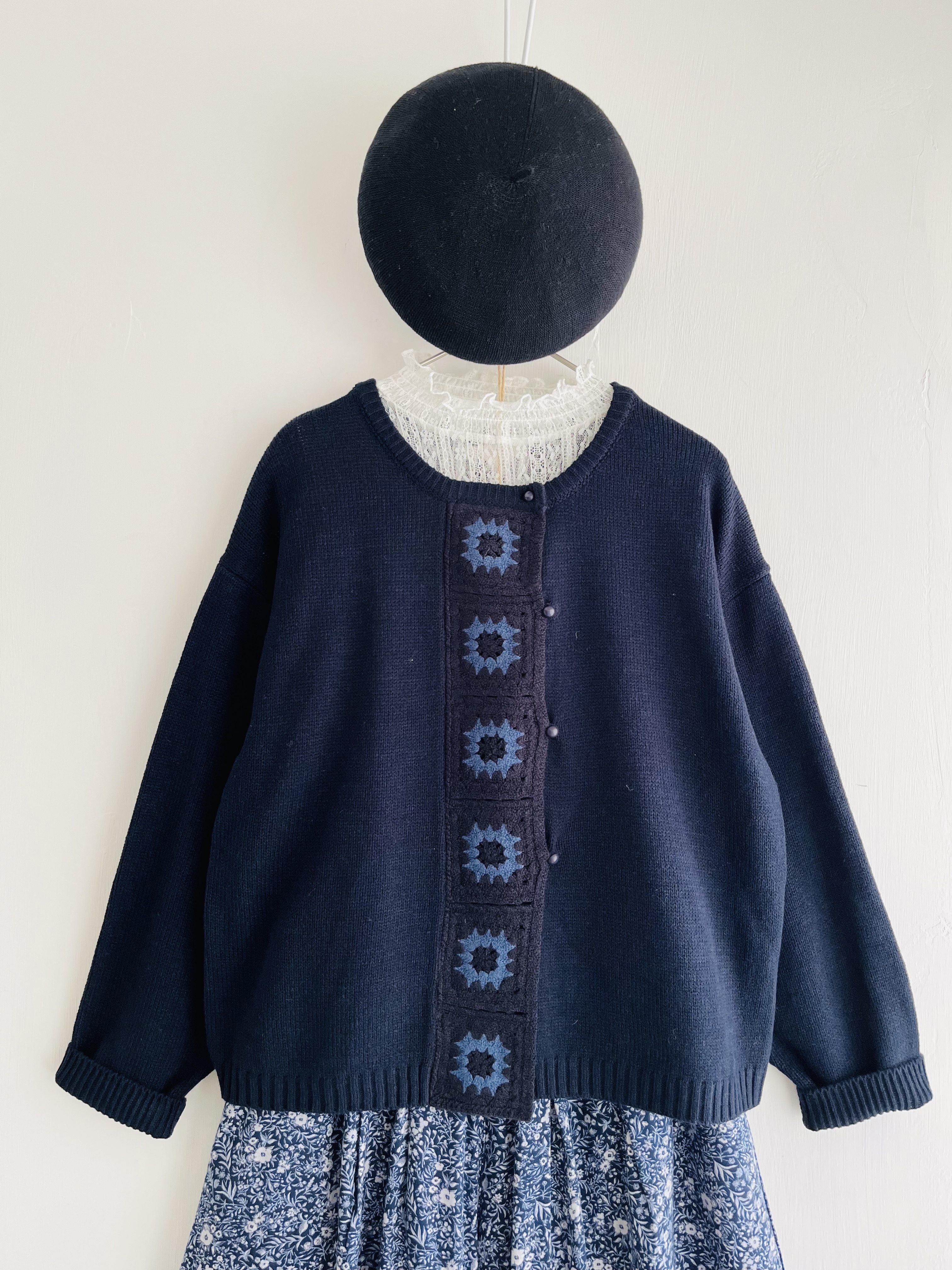 Keitto藍色鈎針花針織外套