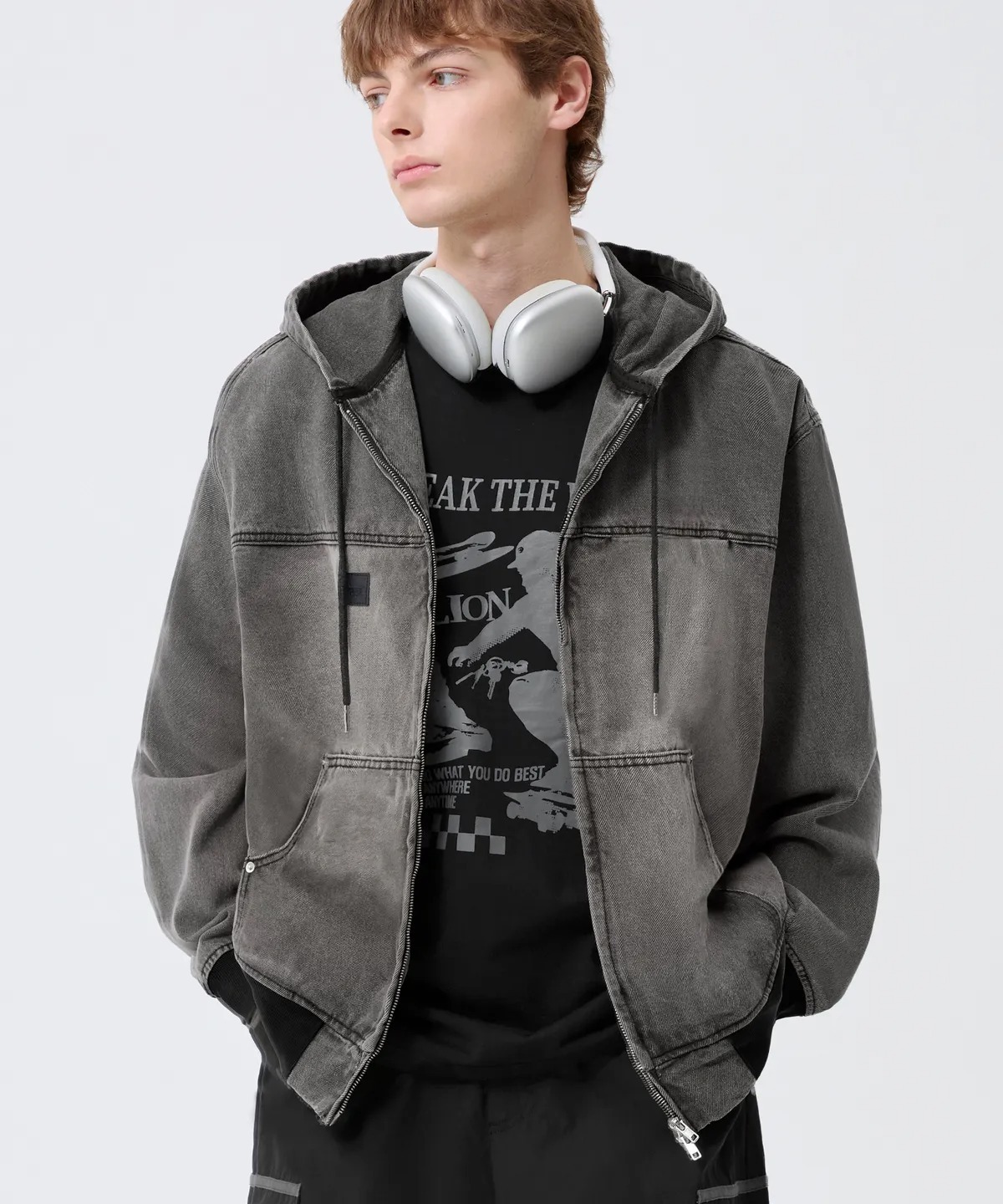 TRILLION Vintage Washed Denim Work Hood Zip-Up