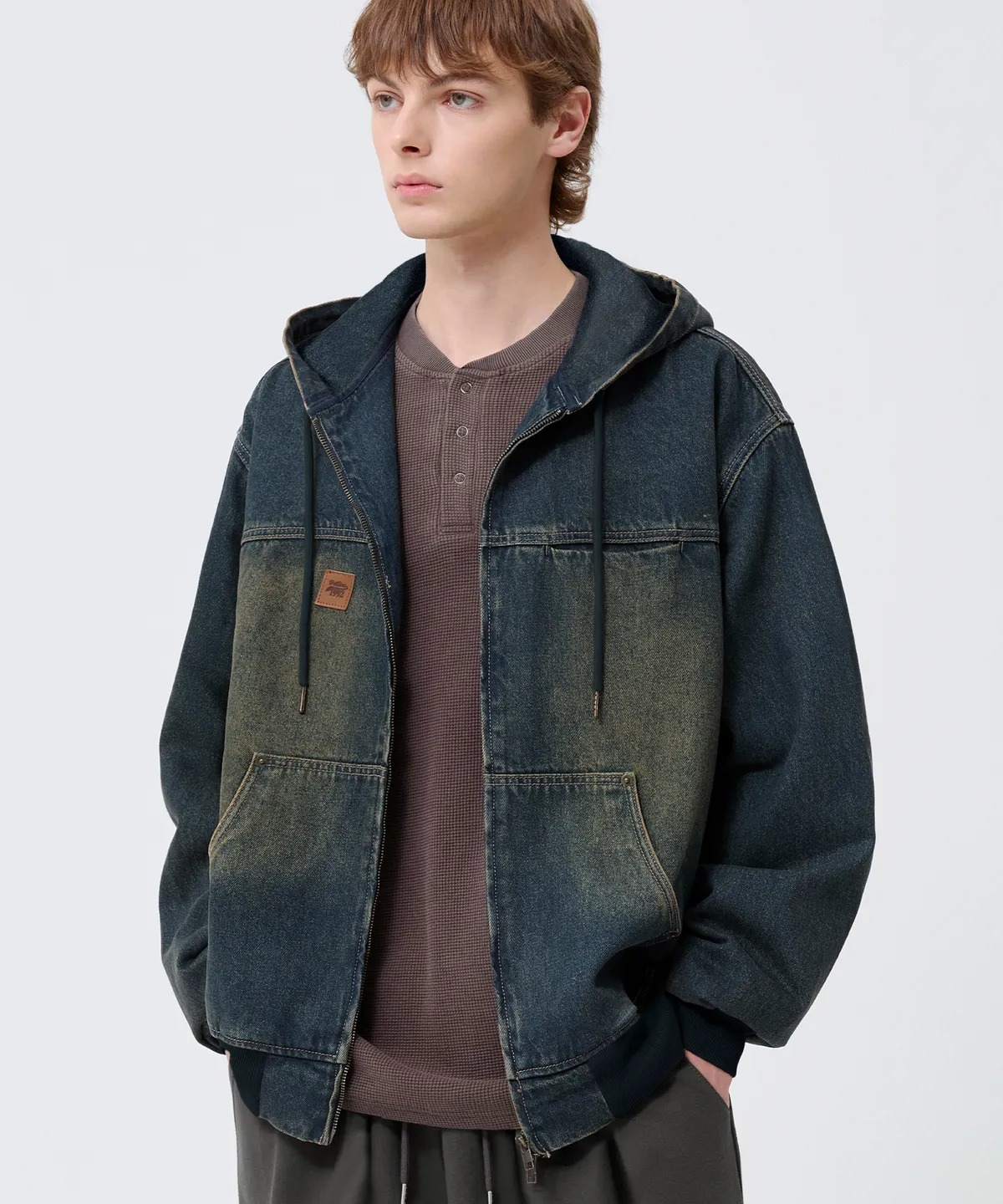 TRILLION Vintage Washed Denim Work Hood Zip-Up