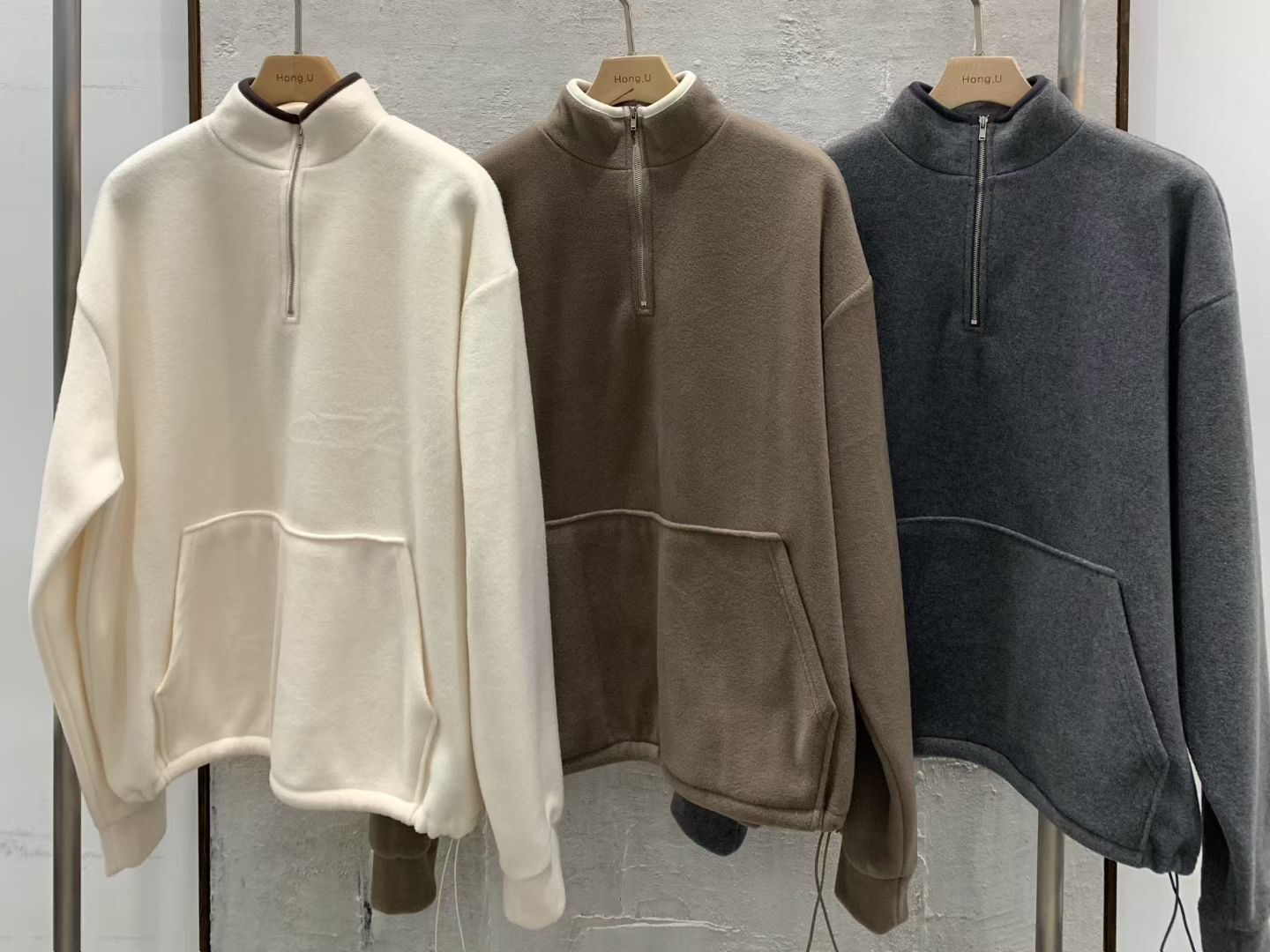 HN5309 拉鏈拼色企領側束腰衛衣