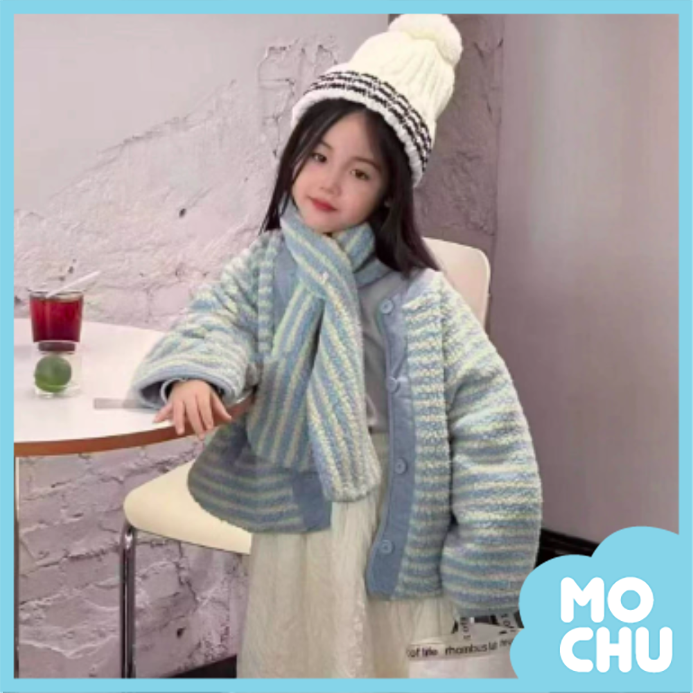 文青條紋絨毛開襟外套+圍巾