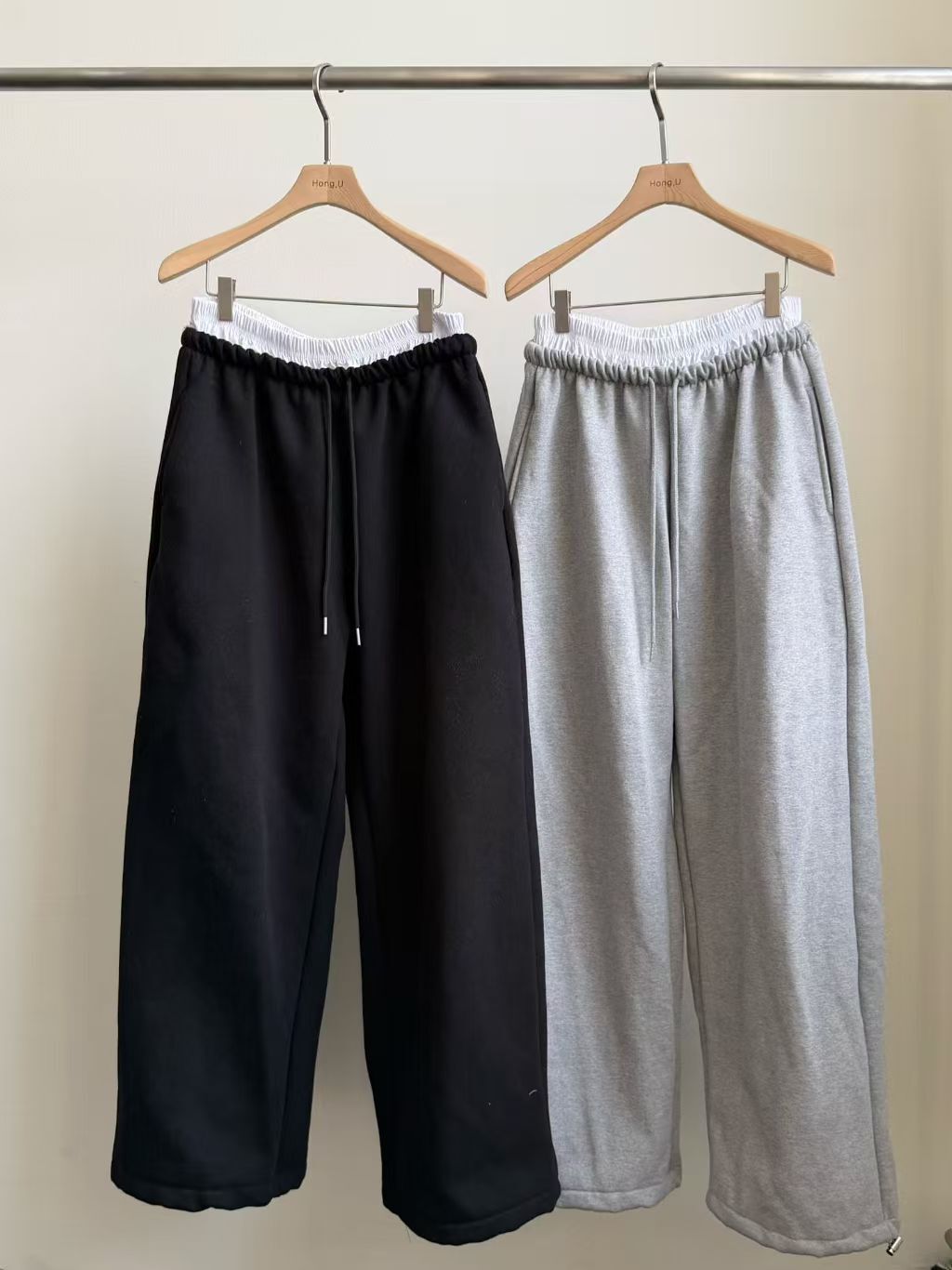 HN5326 拼白邊橡筋腰束腳休閒褲