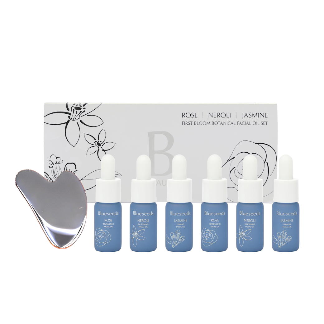 【華航機上禮】初綻植萃精油露7件組｜玫瑰精油露5mlx2 + 橙花精油露5mlx2 + 茉莉精油露5mlx2 + 小刮痧板