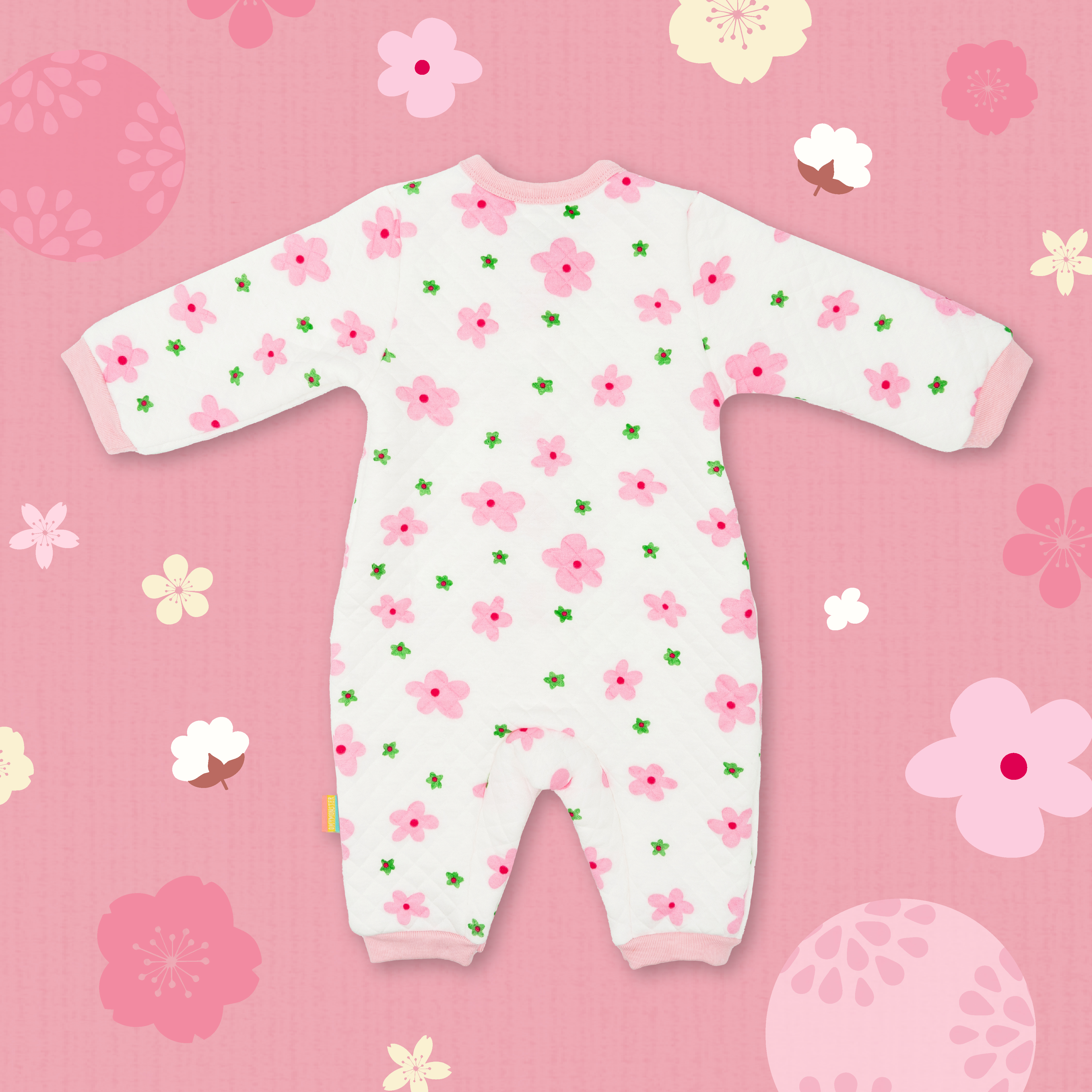 恬靜粉櫻花寶寶撞色長袖夾棉連身衣
