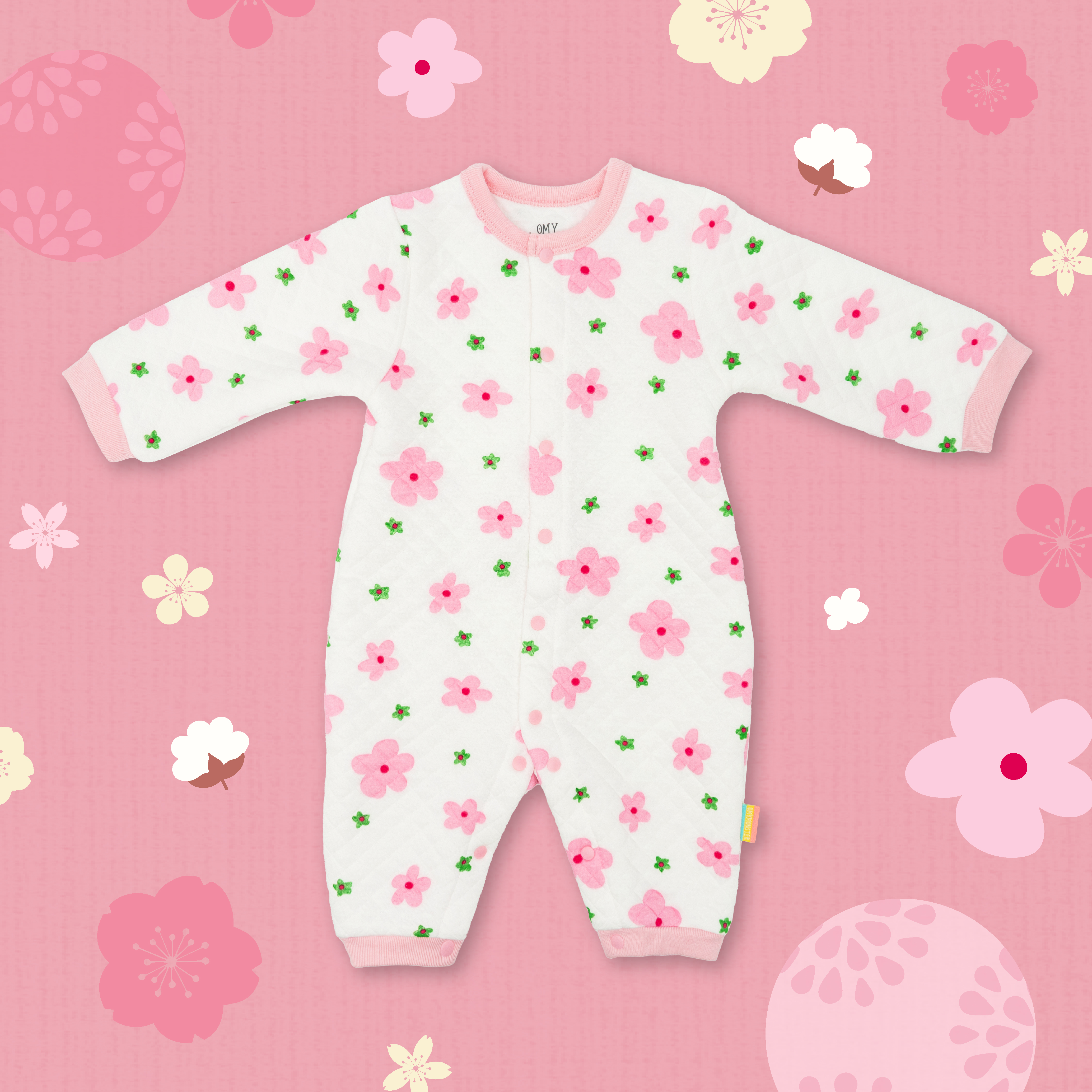 恬靜粉櫻花寶寶撞色長袖夾棉連身衣