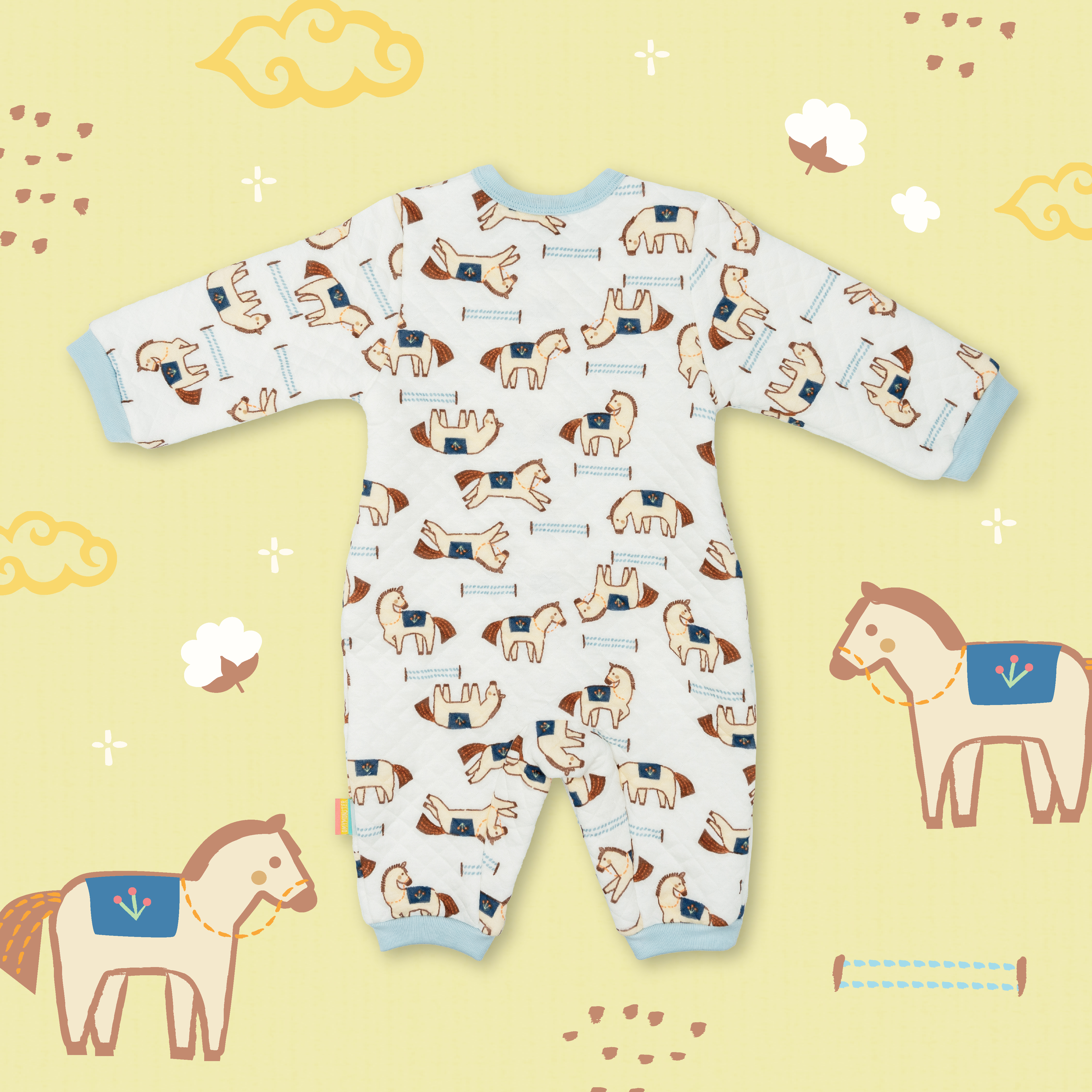 天藍千里馬寶寶撞色長袖夾棉連身衣