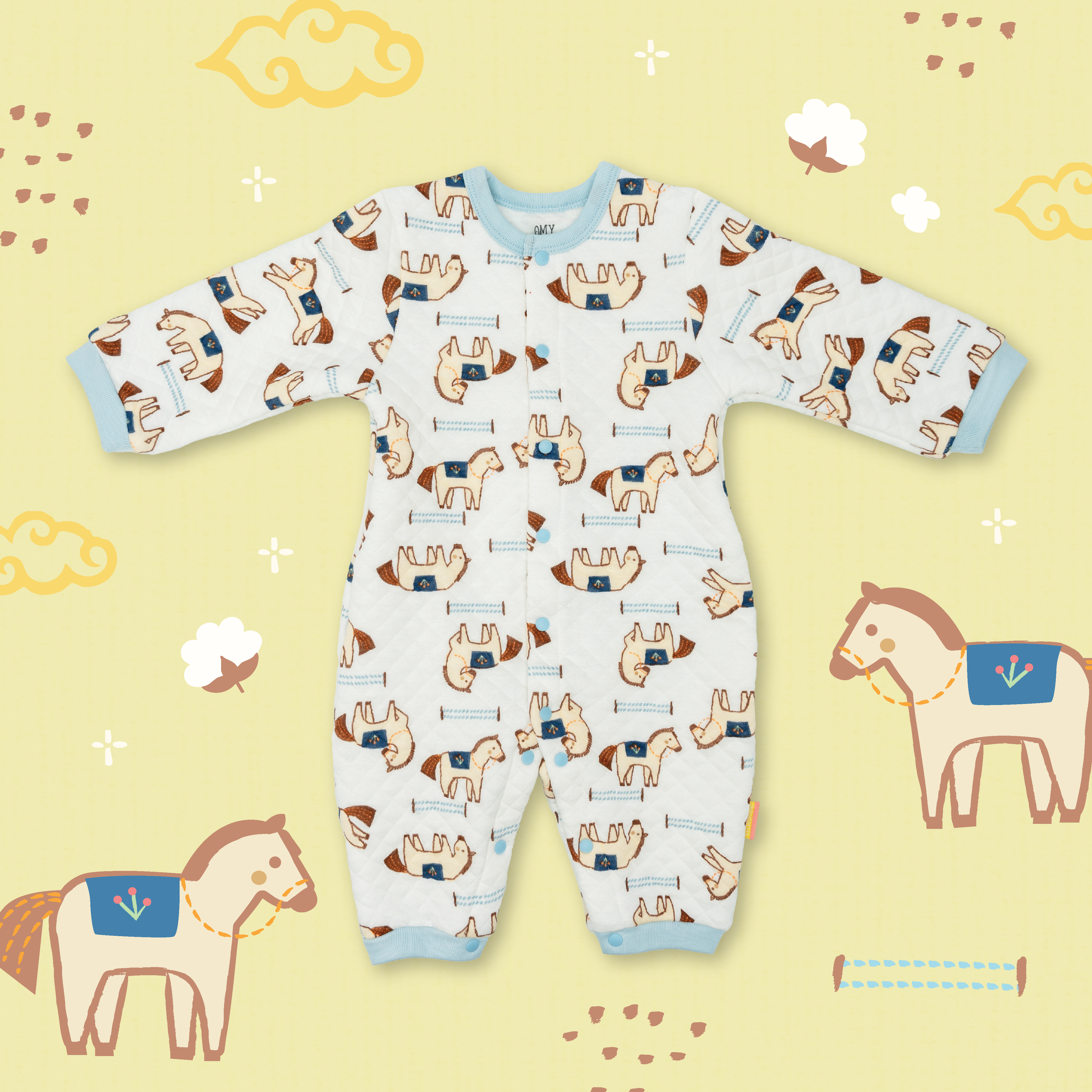 天藍千里馬寶寶撞色長袖夾棉連身衣