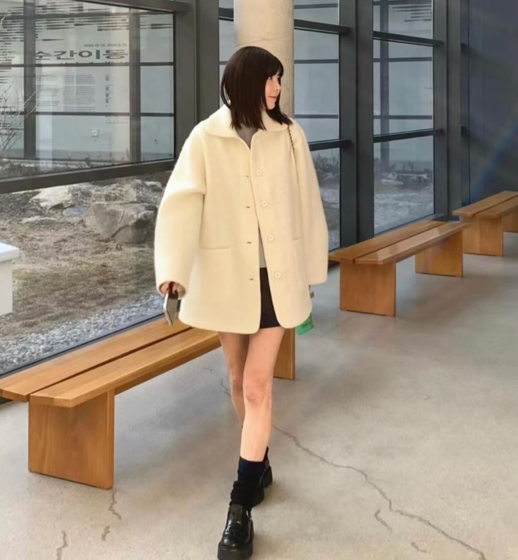 俏皮感翻領雙口袋造型大衣外套