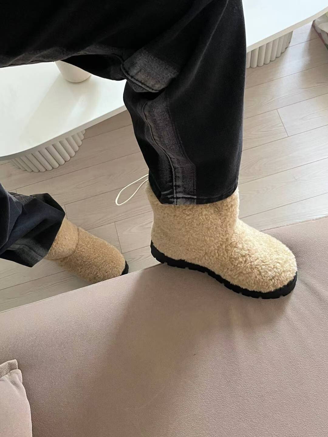 #AD102圓頭羊羔毛短靴(黑/杏/白)