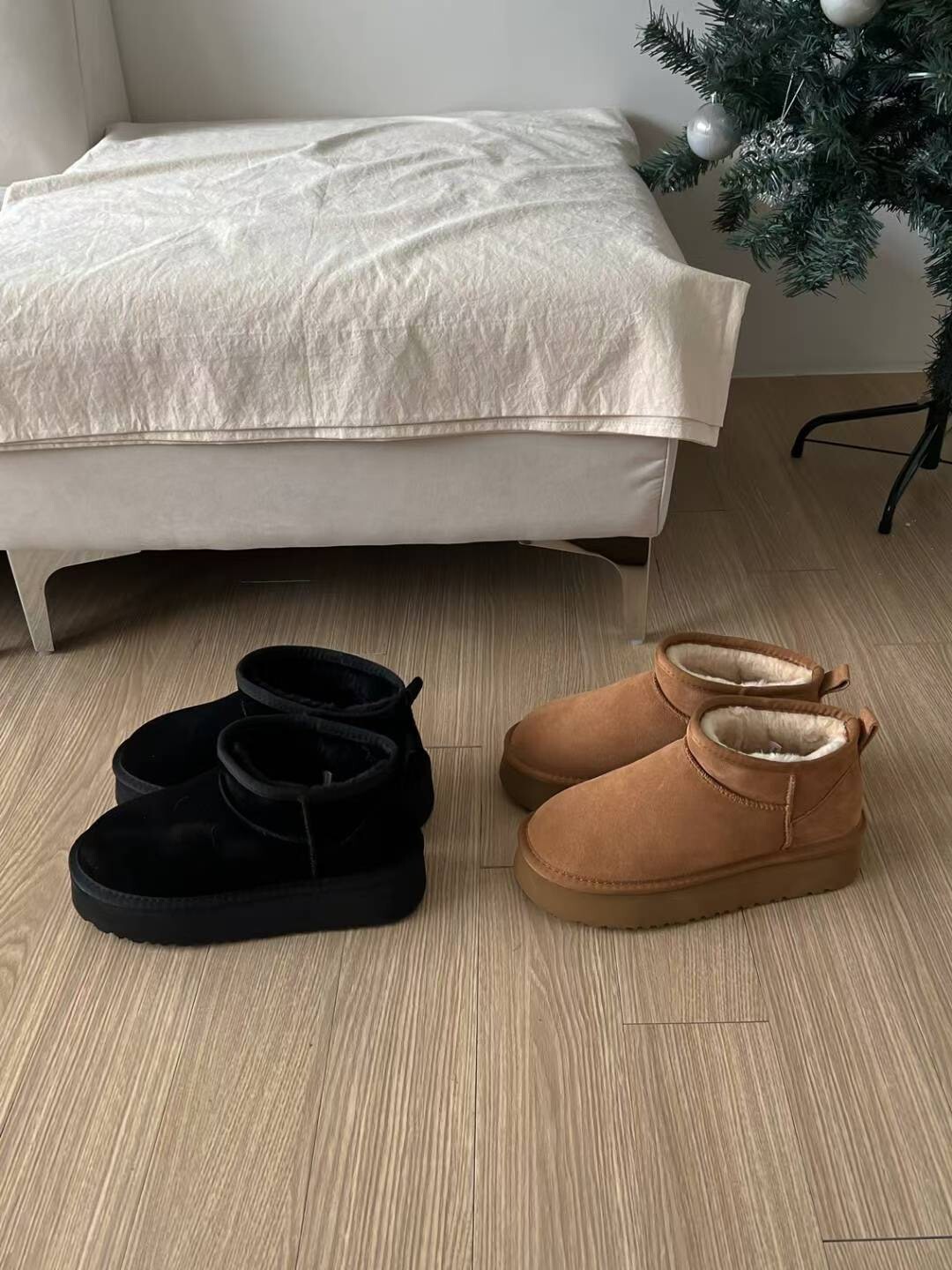 #AD104厚底短雪靴(黑/杏)