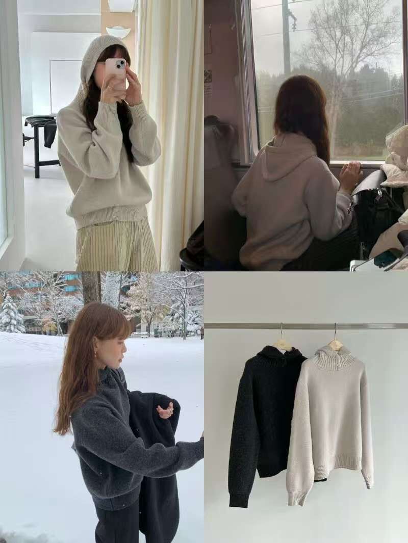 LY5323 純羊絨拚織連帽針織上衣