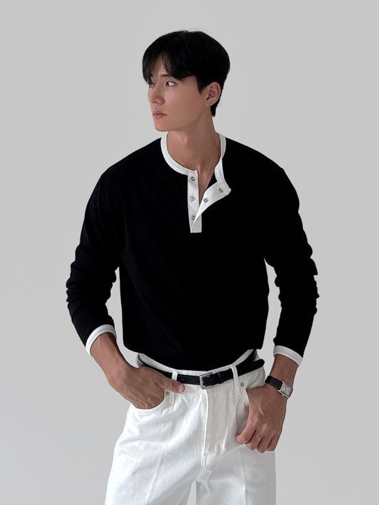 拼色亨利領長袖上衣