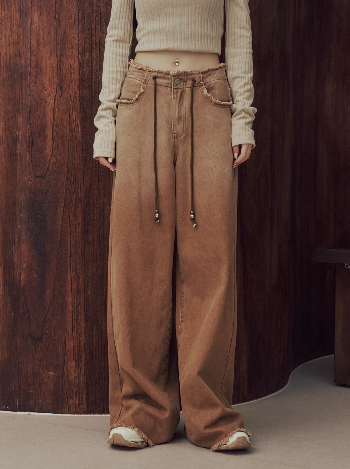 漸層刷鬚抽繩直筒長褲