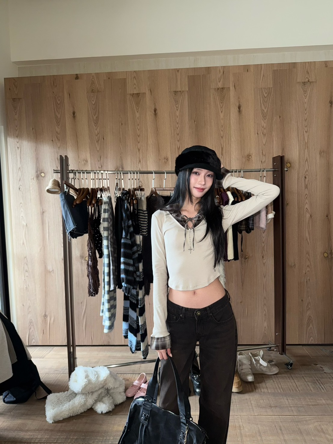 現貨! 9.amez project Jolie 90s plaid top格紋拼接上衣 (beige)