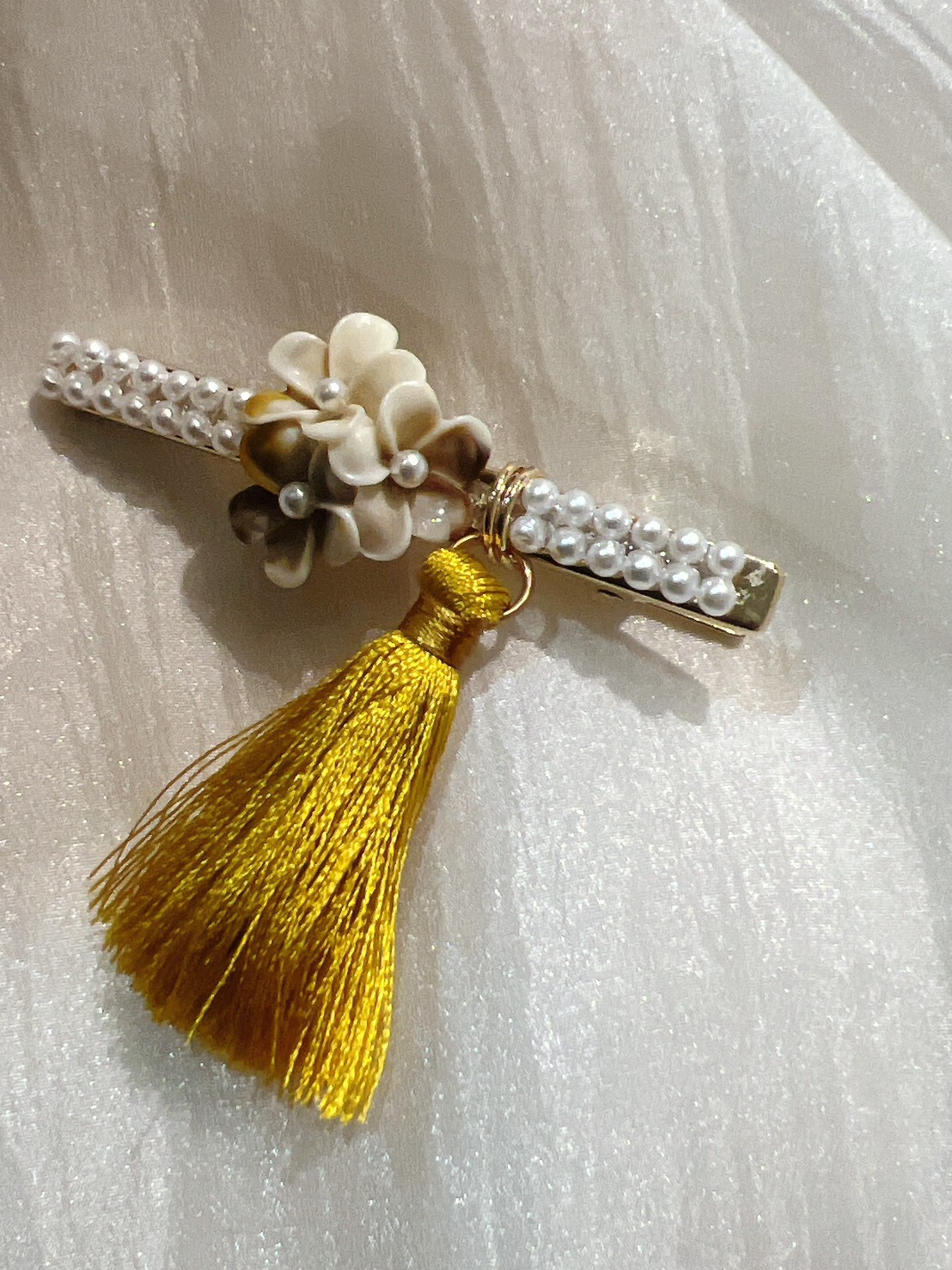 1217隱藏款。MUCHAT手作14KGP珍珠小花流蘇髮夾/壓夾