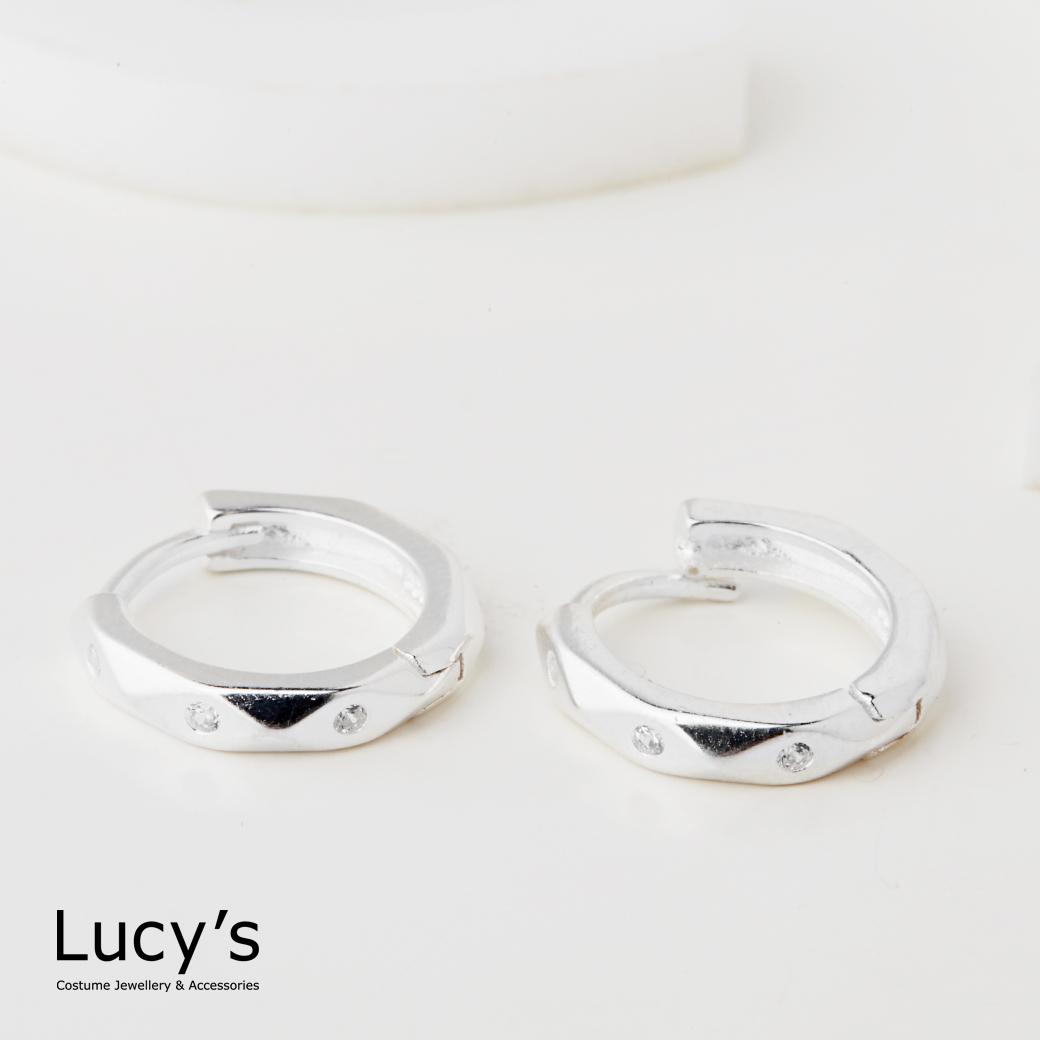 925純銀 菱格切面鑲鑽 易扣耳環 (77709)