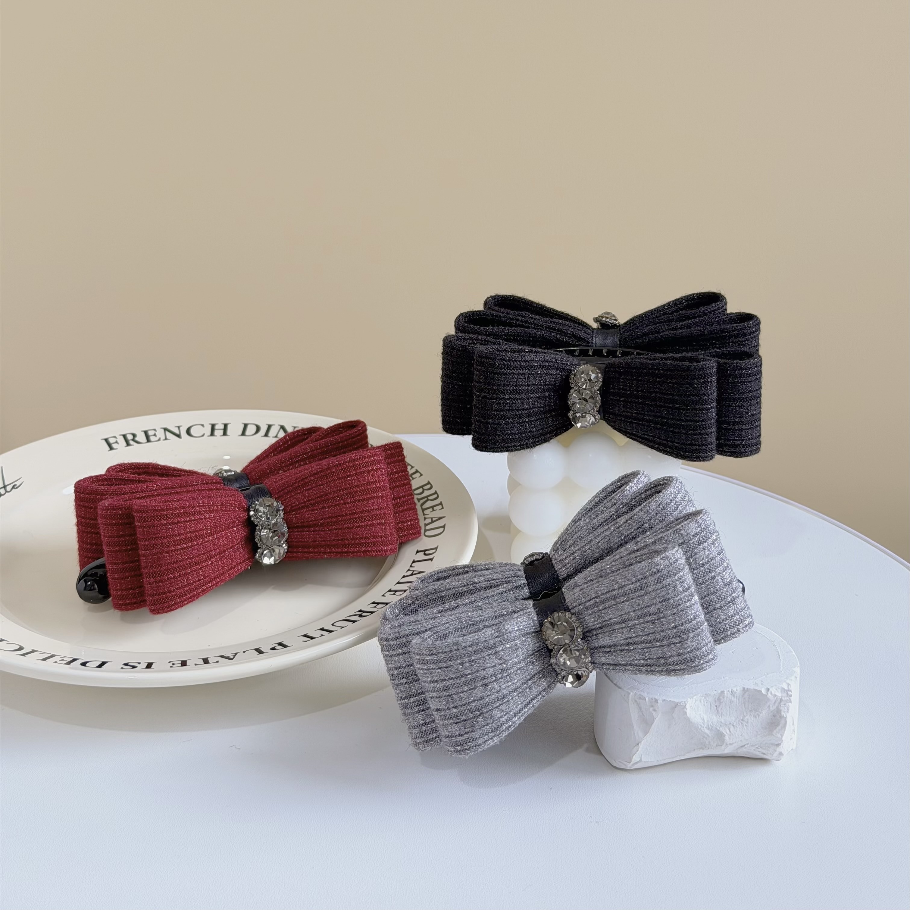 H216水鑽銀絲針織雙層蝴蝶結香蕉夾