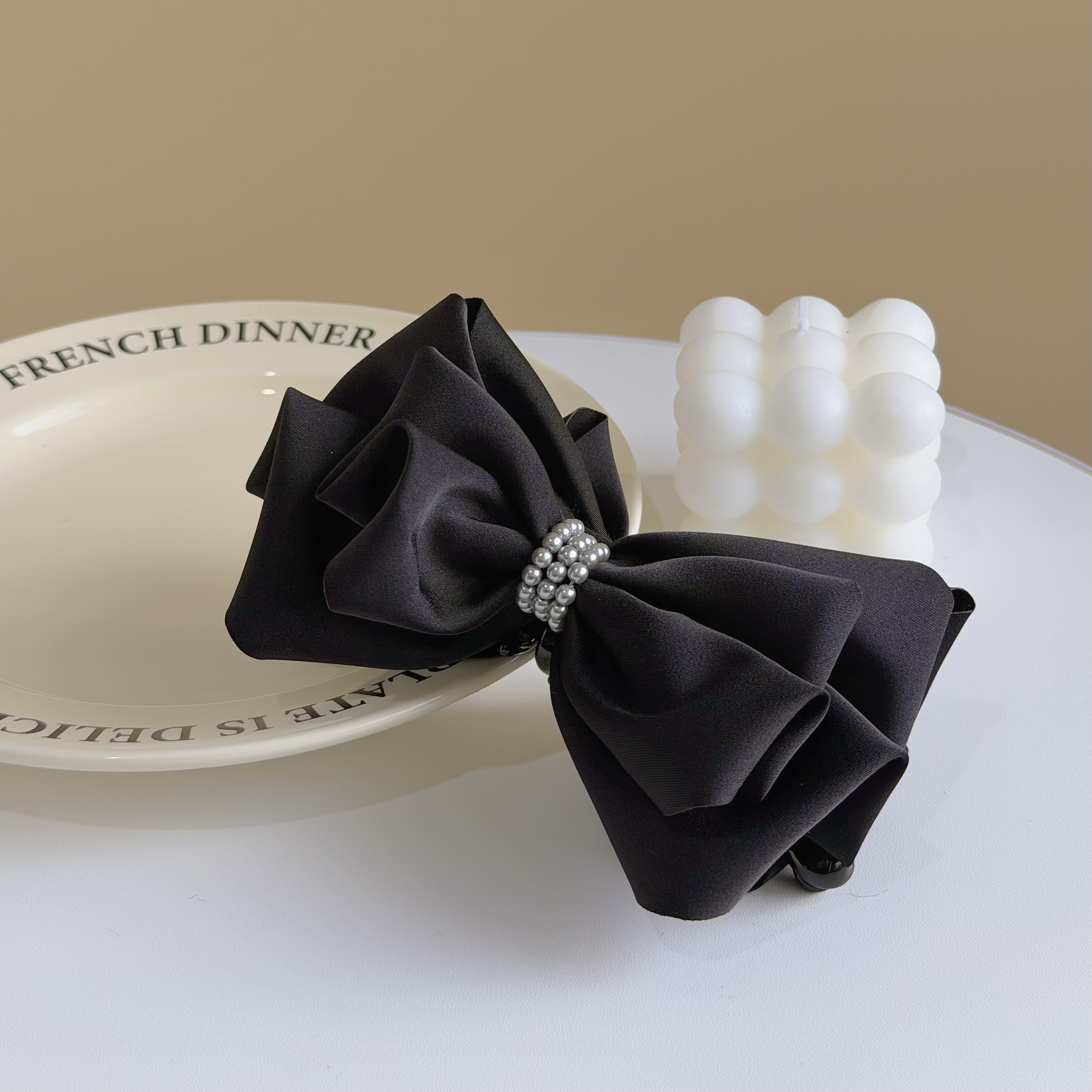 H218珍珠圈滑布雙層蝴蝶結香蕉夾