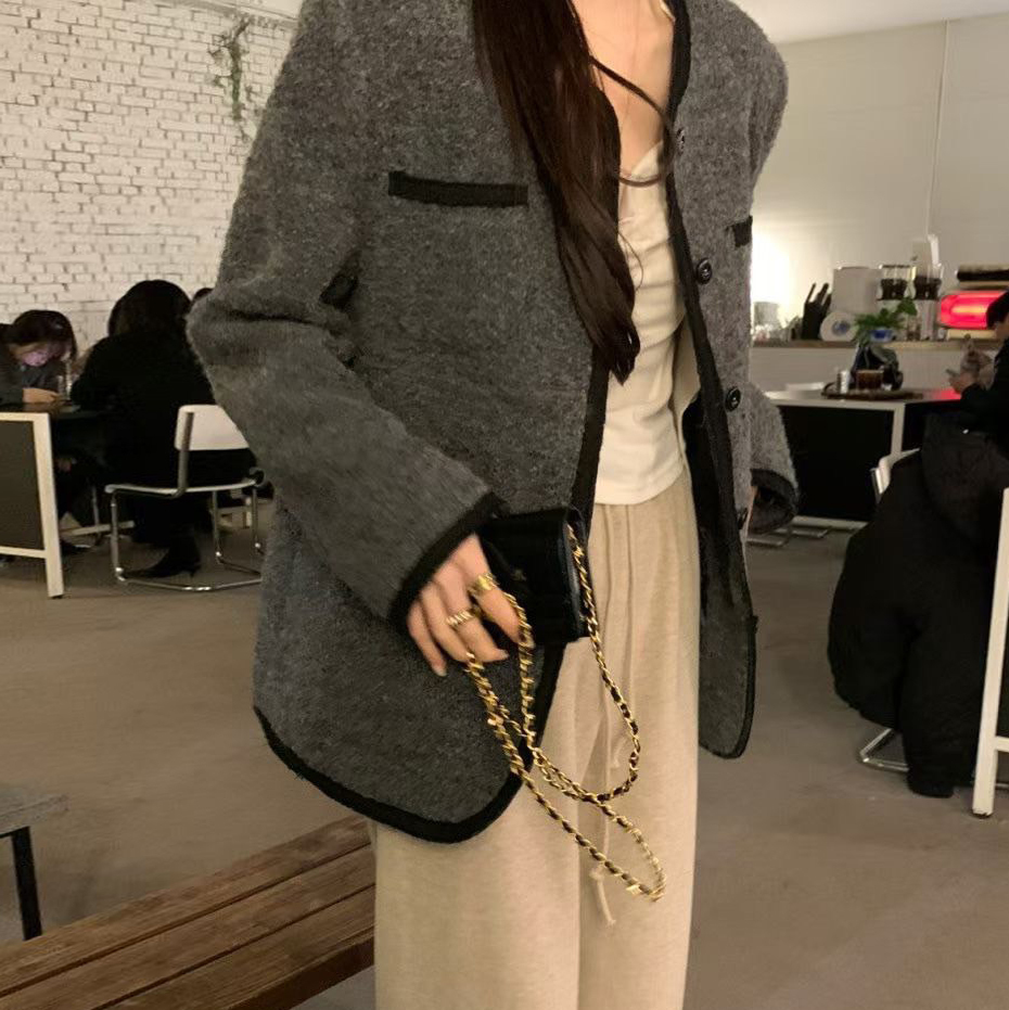 配色滾邊內鋪棉毛呢長版圓領小香外套 / 2色