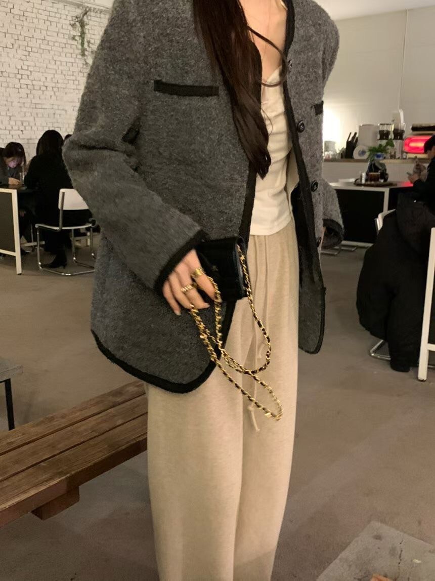 配色滾邊內鋪棉毛呢長版圓領小香外套 / 2色